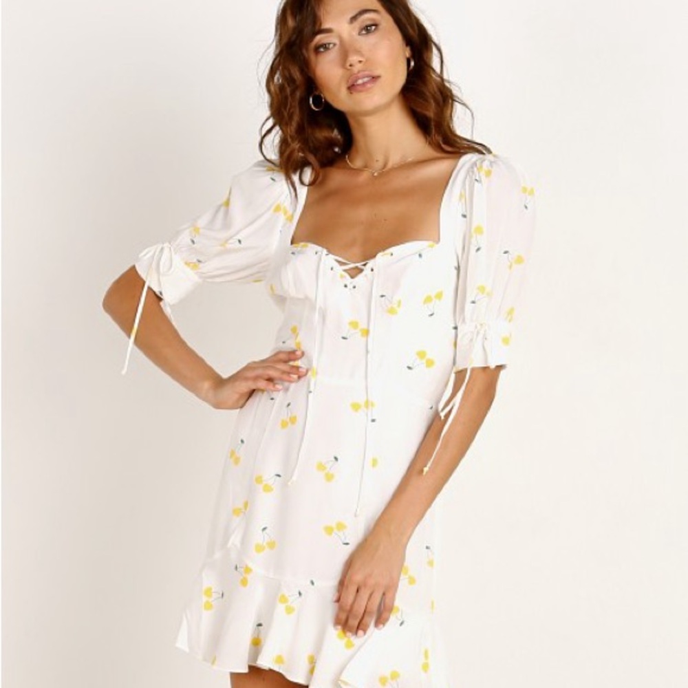 For Love And Lemons White and Yellow Puff Sleeve Sundress